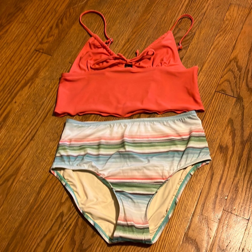 Women’s two piece swim suit, high waist bottom, long line top